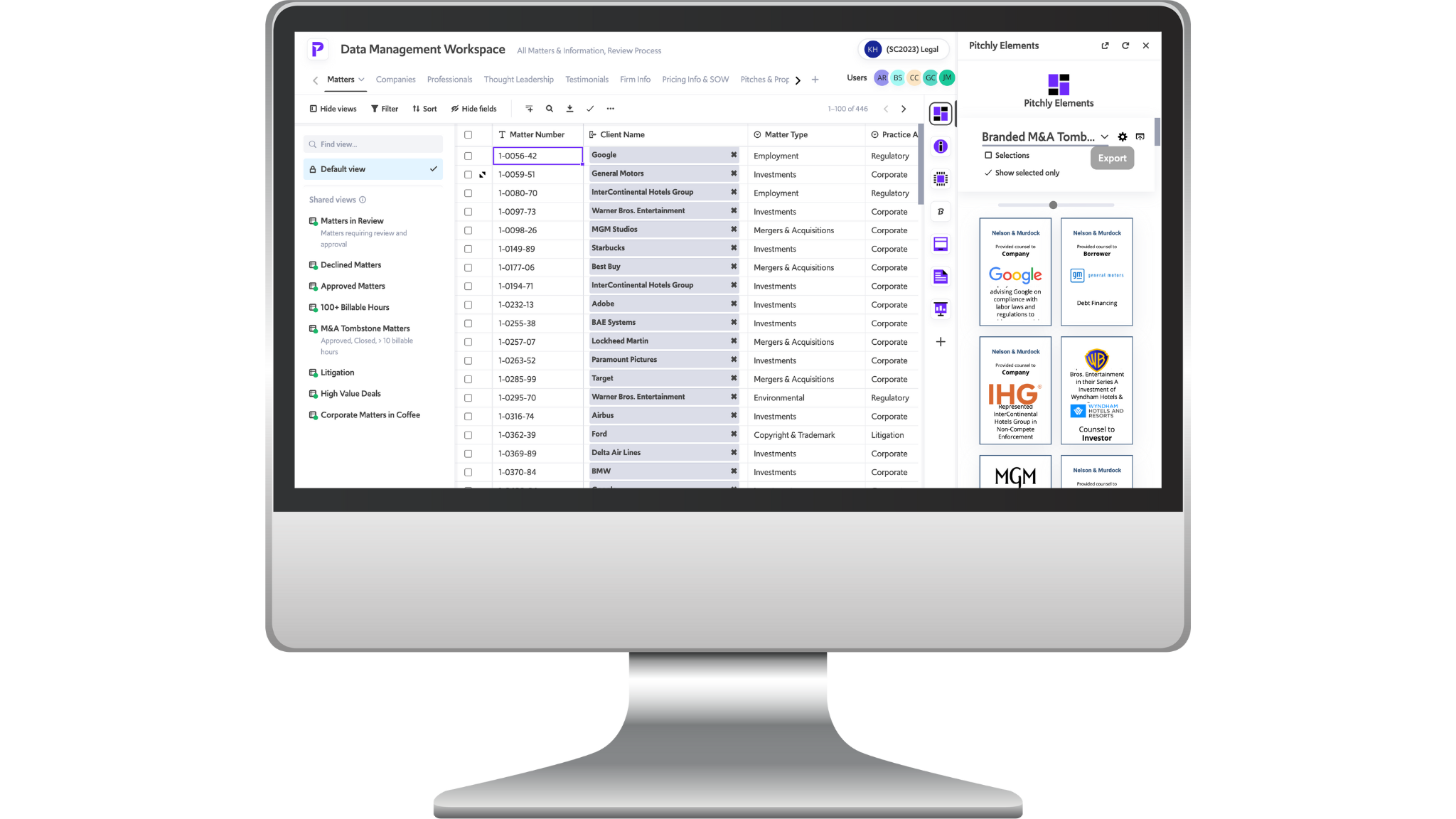 Pitchly Workspace for Legal - demo view